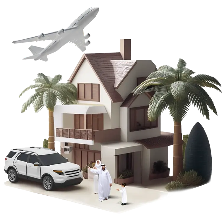 Illustration of a house, family, SUV, and airplane representing Shory insurance services