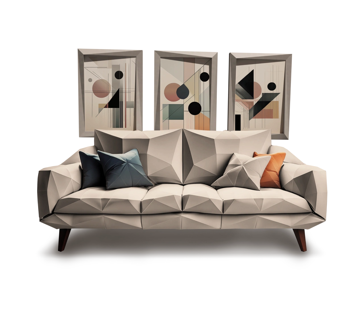 Geometric couch with abstract art, representing home comfort and protection for home content insurance.