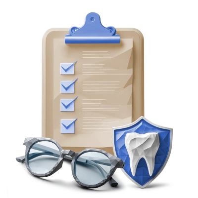 Checklist with shield and glasses symbolizing enhanced health insurance plans offering advanced medical treatments, dental, and eye coverage in the UAE.