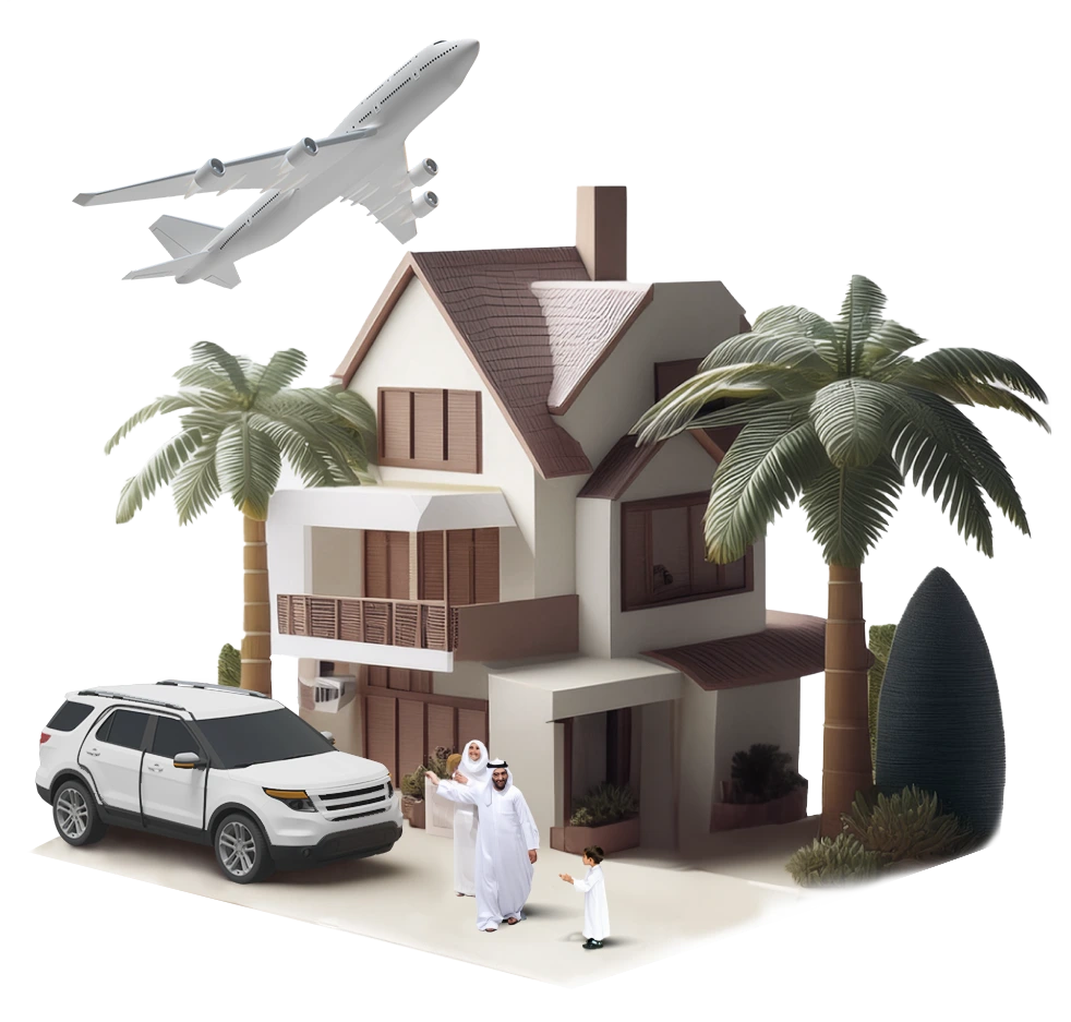 Illustration of a house, family, SUV, and airplane representing Shory insurance services 