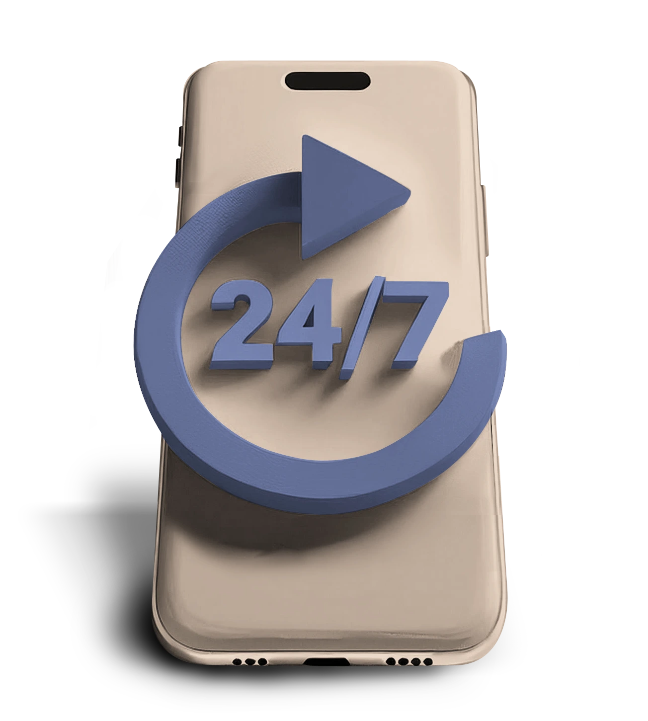 Illustration of a smartphone with a 24/7 symbol for buying or renewing car insurance anytime on Shory. 