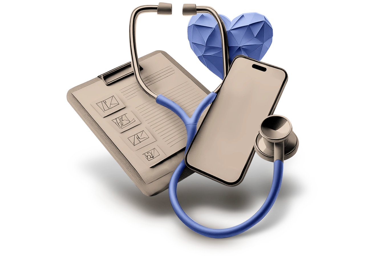 Health insurance concept with stethoscope, mobile phone, heart symbol, and checklist representing online health & medical services