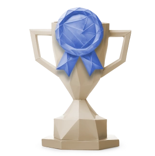 Trophy with blue ribbon representing Shory's partnership with top-rated insurance companies offering reliable health insurance coverage in the UAE.